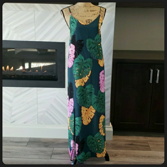 c&e Dresses & Skirts - C&E maxi dress green yellow pink tropical print  spaghetti strap Size Large